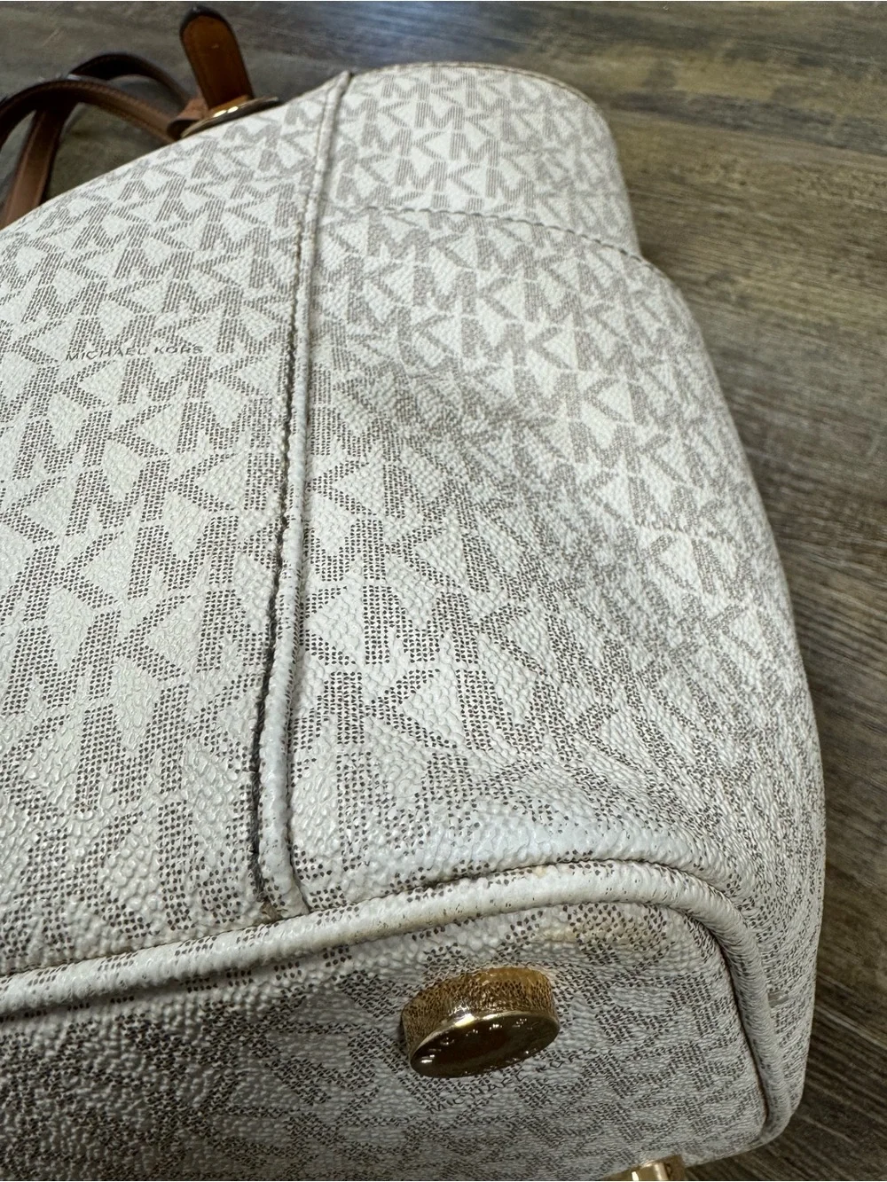 Michael Kors Cream Logo Tote Bag with Tan Leather Straps Minor Flaws Med Size